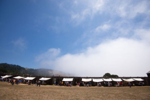 Fog and blue skies over canvas tents, morning of FRF 2019
