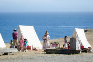 Canvas tents along the ocean bluff at Fort Ross